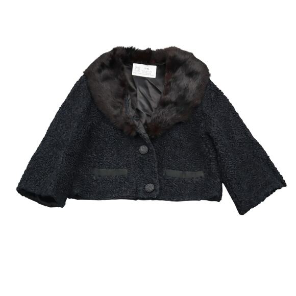 Cropped Jacket Womens S Black Long Sleeve Faux Fur Collar Button Pocket - Picture 1 of 16